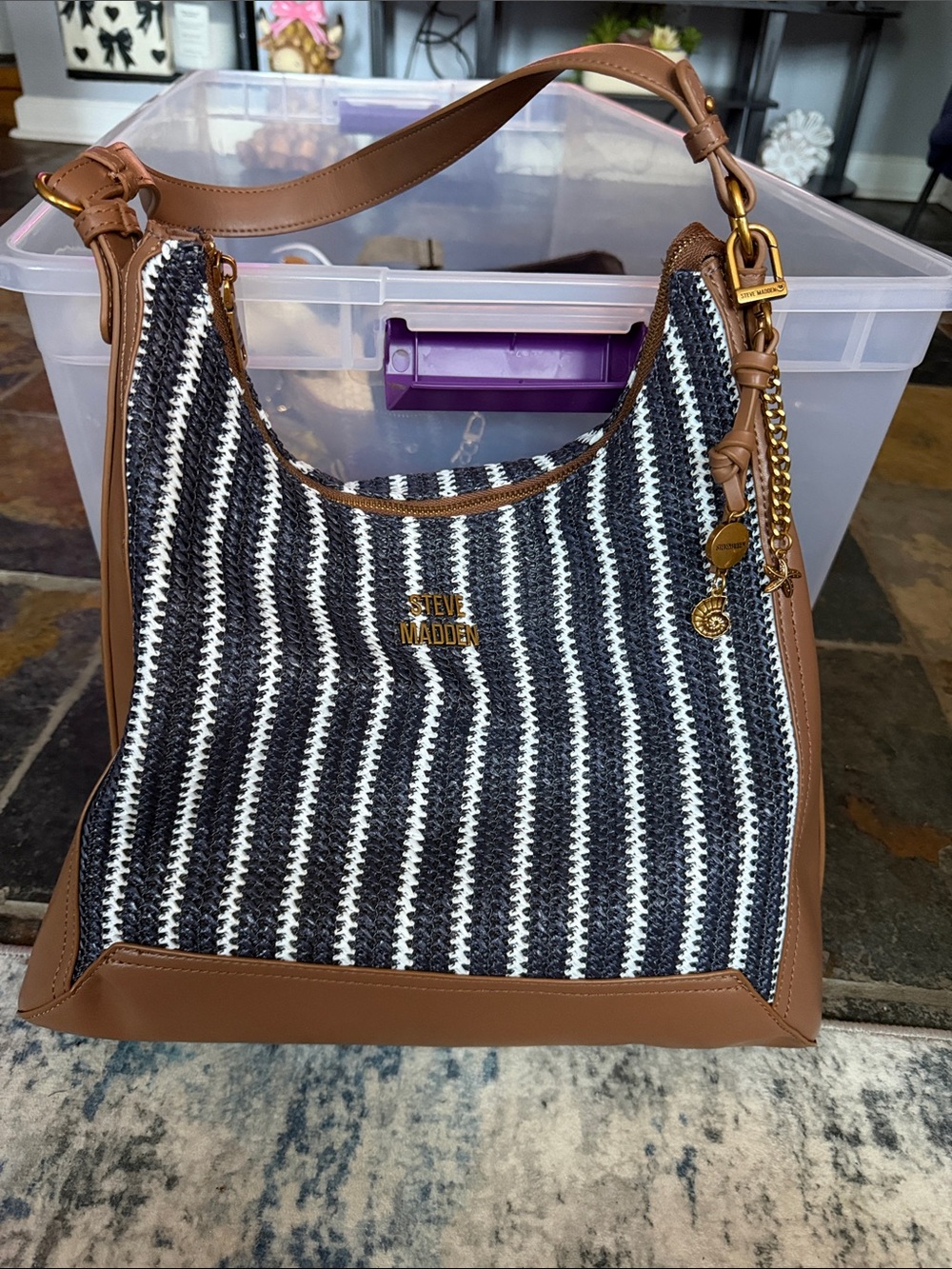 Steve Madden Black & White Striped Hobo with Brown Trim and Gold Accents
